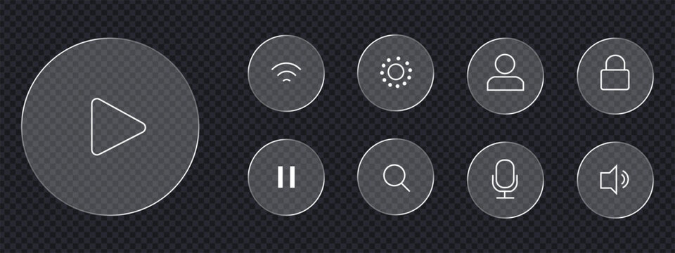 Modern glass morphism interface icon set with transparent circle buttons. Media player, search, and system settings UI elements. Vector Illustration.