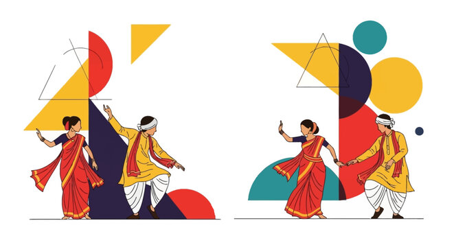 Two pairs of Indian dancers in traditional attire performing a folk dance against a backdrop of abstract geometric shapes.