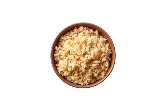 Cooked brown rice in bowl overhead isolated