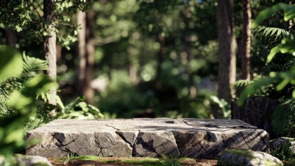 Fototapeta premium Round stone stage in a sunlit woodland with blurred forest background for natural display and banner design