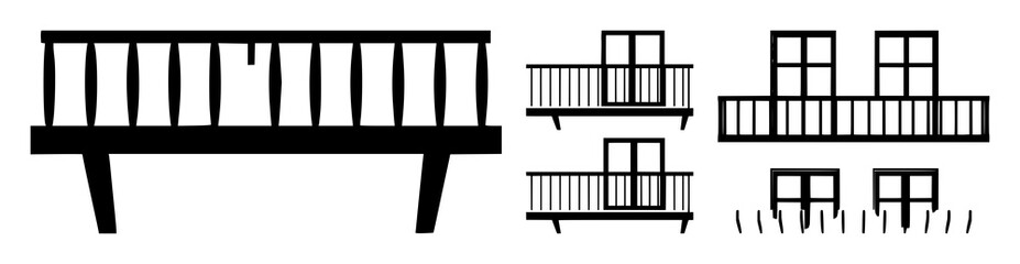 Fototapeta premium Balcony icon set with minimalist solid black icon on white background featuring balcony, icon, architectural, outdoor, window with building and façade.