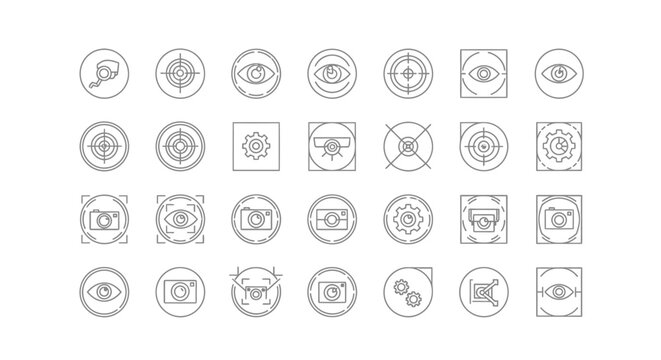 Collection of minimalist line art icons depicting eyes cameras and targets