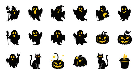Obraz premium Halloween Icons: Ghosts, Pumpkins, Black Cats & Candle - Spooky Vector Set