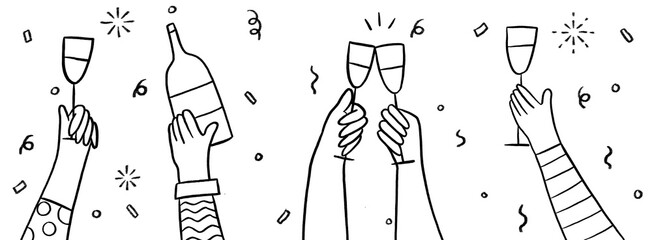 Hand drawn hand holding wine glass and vino bottle champagne with party confetti, vector illustration collection set simple drawing modern design elements party celebration drink icons blackcolor © Alice Makes