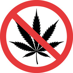 Say no to drugs icon featuring a prohibition symbol with a marijuana leaf, representing anti-drug message and no smoking policy, vector illustration on white background