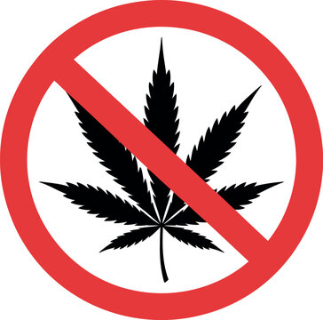 Say no to drugs icon featuring a prohibition symbol with a marijuana leaf, representing anti-drug message and no smoking policy, vector illustration on white background