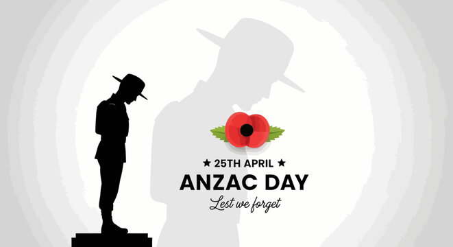 ANZAC Day Commemoration Graphic with Soldier Silhouette, Red Poppy Flower, and Lest We Forget Text for April 25th Remembrance