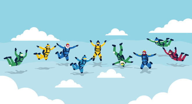 Skydiving People in Colorful Jumpsuits Freefalling in the Sky Extreme Sport Parachuting Vector Illustration for Adventure and Sport Design