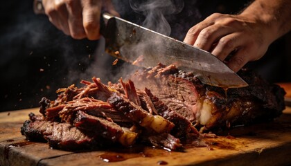 Fototapeta premium Slicing smoked brisket, bare arms guiding chef's knife on board in kitchen, juices and steam rising