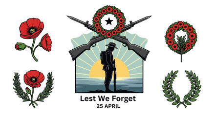 ANZAC Day Remembrance Day Illustration Set with Soldier Silhouette, Red Poppies, Wreaths, and Lest We Forget Typography © tikasusy