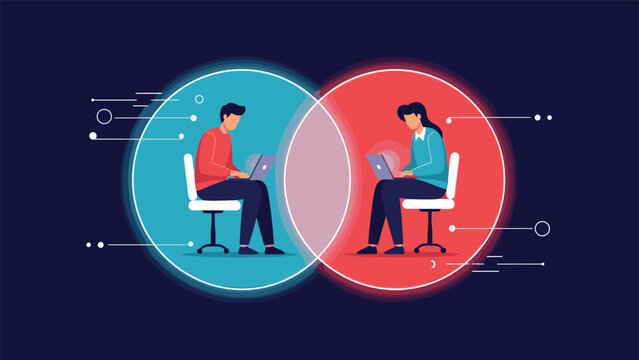 Man and woman working on their laptops within two overlapping colored circles representing collaboration, common goals, or data intersection.