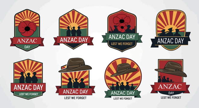 ANZAC Day Emblem Collection with Red Poppies, Soldier Silhouettes, and Slouch Hat Symbols for Remembrance Day and Commemoration. Set of "Lest We Forget" Badges.