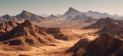 Vast, panoramic landscape showing rocky, eroded mountains and desert plains under a hazy, warm sky