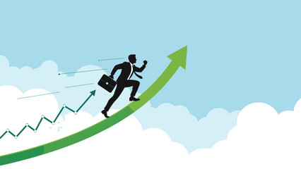 Fototapeta premium Ambitious businessman sprinting up a large green upward arrow towards the sky representing rapid success and market growth.