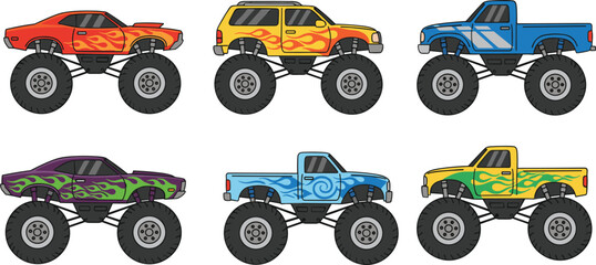 Cartoon vector illustration of colorful monster trucks with oversized tires, flame designs, and creative patterns for fun projects © Mossadessur Rahman