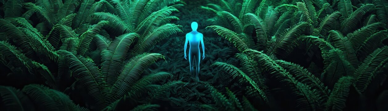 Glowing blue humanoid figure standing in  dense jungle path surrounded by dark green ferns