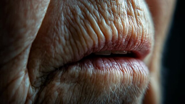 Extreme close-up of an old person's mouth closing, showing detailed skin texture and wrinkles