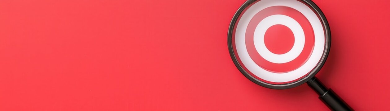 Magnifying glass over  red and white bullseye target symbol on  vibrant red surface