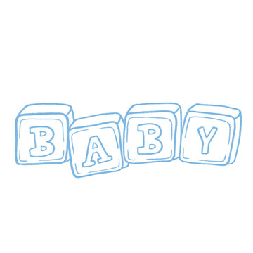 Hand drawn newborn baby building blocks spelling alphabet toy vector illustration pencil crayon texture for blue boy gender reveal announcement baby shower invitation transparent png