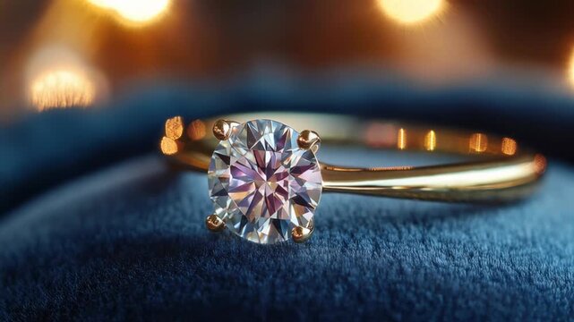 Brilliant solitaire diamond engagement ring on blue velvet with glittering lights in the background