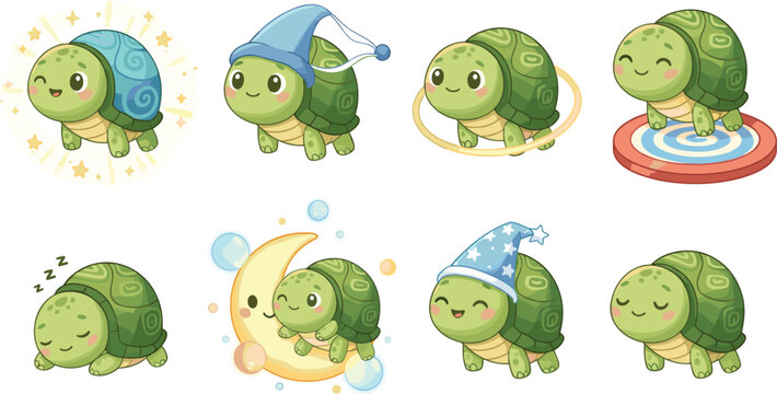 Adorable cartoon vector illustration of green turtle character in playful, magical, and bedtime themed poses for creative projects