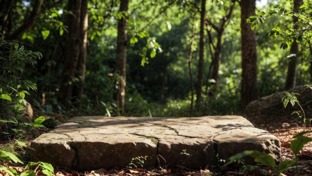 Rough stone pedestal in a shaded forest clearing for background and display use in nature themed banner and product staging scenes