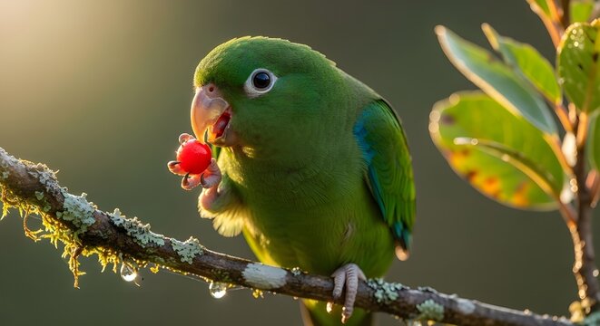 Adorable 3D illustration of a vibrant green parakeet perched on a mossy branch, carefully holding and eating a small red berry. Soft, natural blurred background.