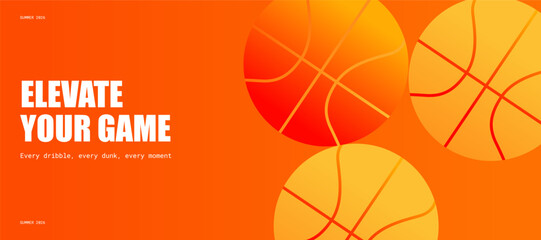 Fototapeta premium Basketball Sport Banner Template Vector with Balls and Bold Typography on Orange Gradient Background for Tournament Championship and Club Promotion