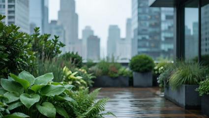 Fototapeta premium Rooftop Urban Garden and Green Terrace with City Skyline for Sustainable Lifestyle Advertising AI Generated Photo