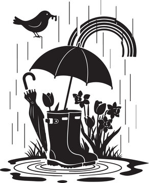 Rainy day silhouette with umbrella bird and rainbow, Generative Ai