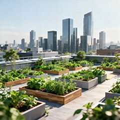 Fototapeta premium Rooftop Urban Garden and Green Terrace with City Skyline for Sustainable Lifestyle Advertising AI Generated Photo