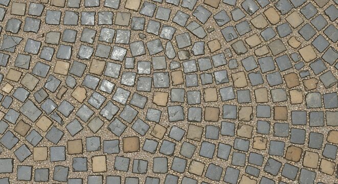 Close-up View of a Textured Pavement Made of Small Square Stones.