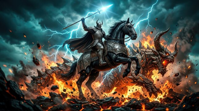 A valiant knight in armor rides a black horse, wielding a glowing spear against a monstrous dragon amidst a chaotic storm of fire and lightning.