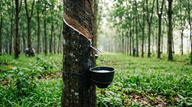 Fresh White Latex Drips from a Tapped Rubber Tree in Plantation