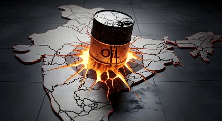 Oil Barrel Cracking India Map, Symbolizing Energy Crisis