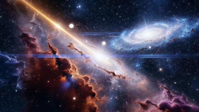 Cinematic deep space exploration featuring colliding spiral galaxies and vibrant interstellar nebulae with glowing stardust particles and light