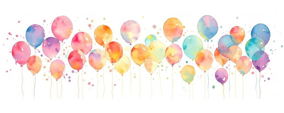 Watercolor festive balloons in pastel colors floating with confetti specks across the frame