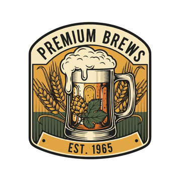Premium Brews Beer Logo Featuring Mug, Hops, and Est. 1965 Brew Emblem.