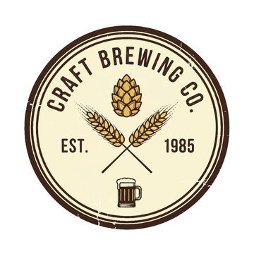 Logo for Craft Brewing Co featuring hops and barley emblem with beer mug.