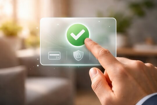 Hand selecting digital approval checkmark on transparent touchscreen interface in modern office setting
