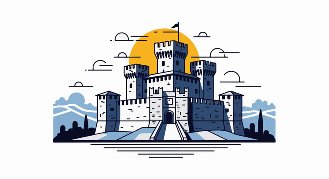 A stylized castle with multiple towers stands against a bright orange sun and stylized clouds