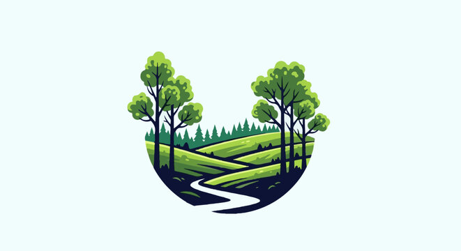 A stylized depiction of a winding river flowing through green hills