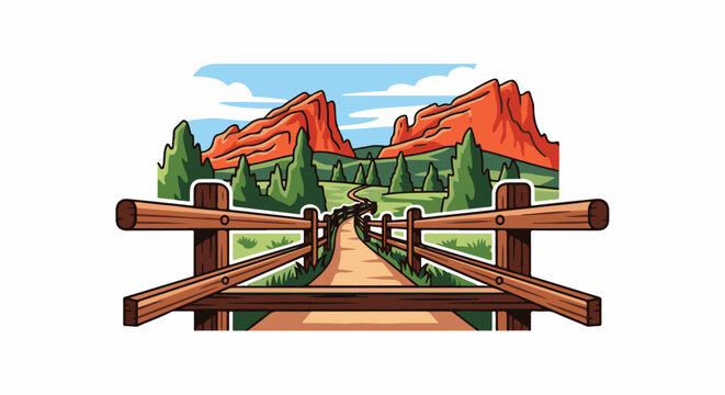 A winding dirt path leads through a green valley towards red rock mountains