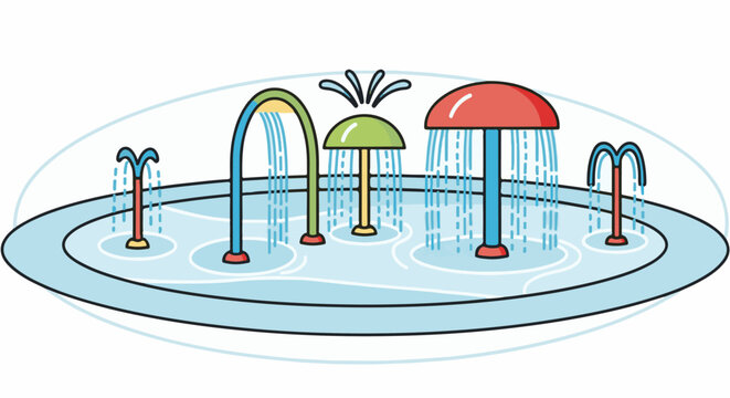Bright cartoon splash pad with colorful fountains in a water play area