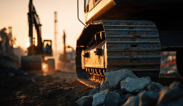 Close-up of construction machinery's track, with a backdrop of other machinery at sunset