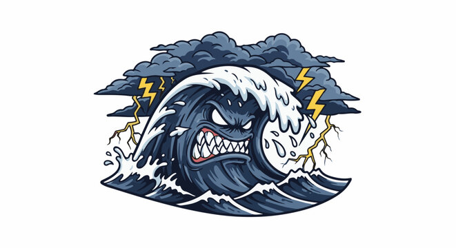 A menacing wave with sharp teeth and stormy skies