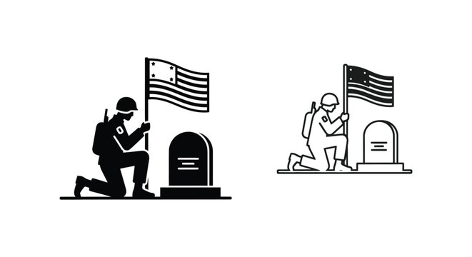 Memorial, patriotic, soldier, tombstone icons, black and white