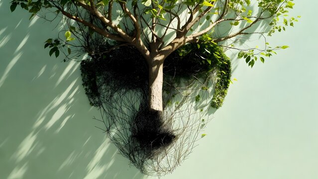 Tree branches leaves and roots forming human face profile on light green background