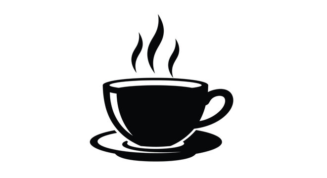 Simple black and white vector illustration graphic depicting a steaming hot cup of coffee or tea resting on a matching saucer