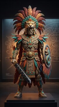 Vibrant Aztec Warrior Sculpture Aztec Warrior Sculpture Art Colorful Feathers Armor. Concept featuring aztec, warrior, sculpture, art, colorful for professional commercial design.
